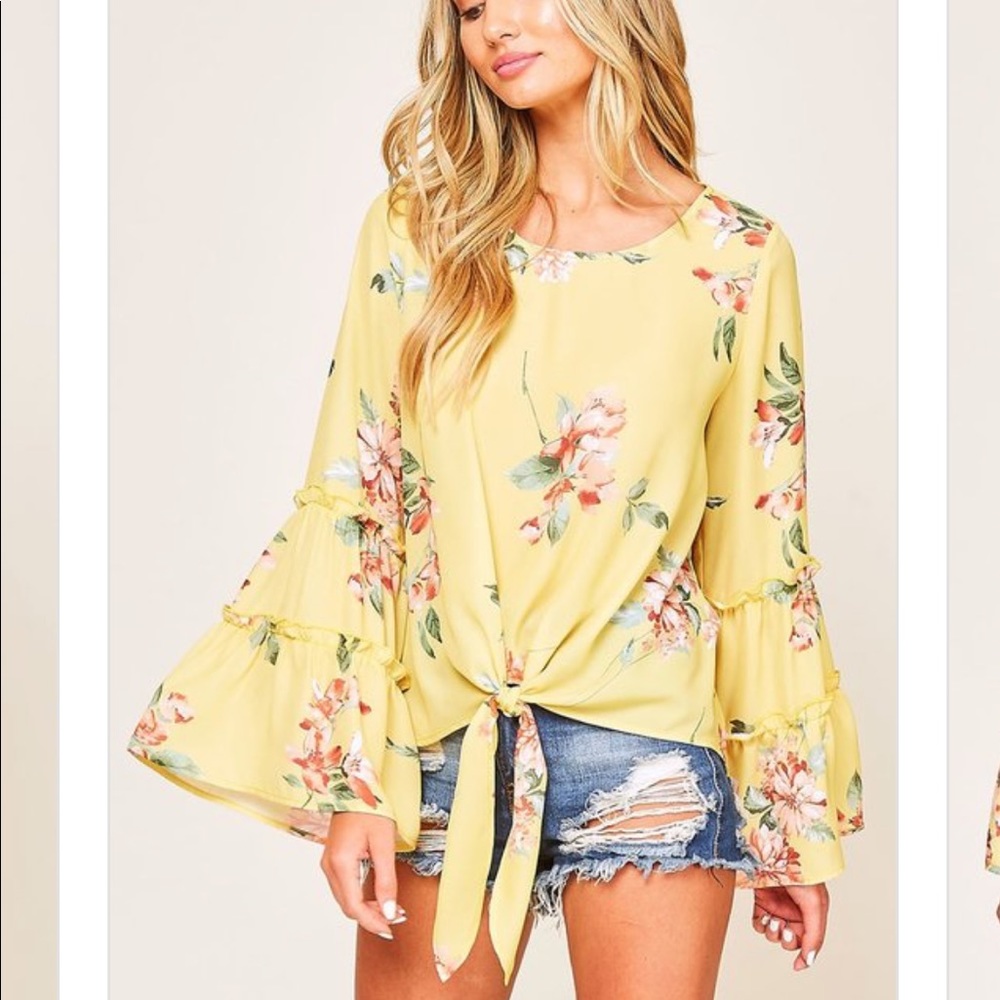 Peach Love California Yellow Floral Tie-Front Top - Picture 3 of 9